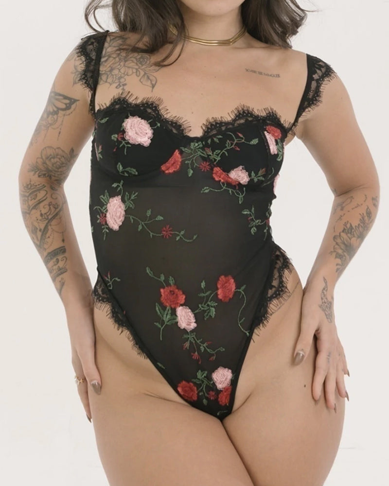 Lace Mesh Flower Embroidered Bodysuit