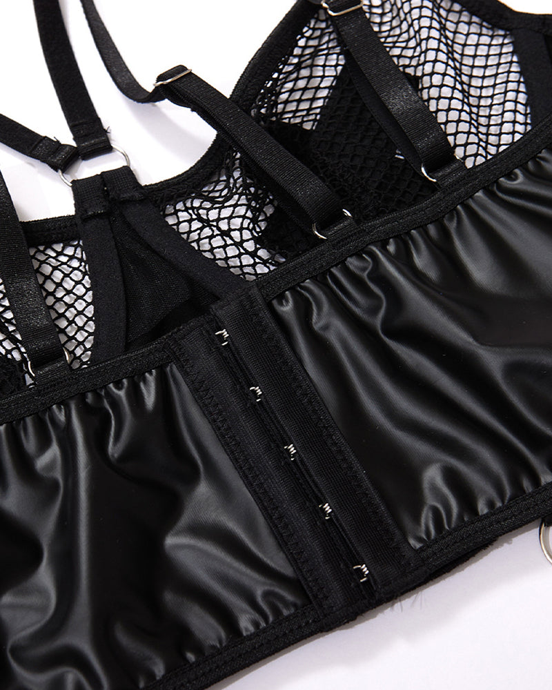 PU Leather Fishnet See-through Pajamas Set