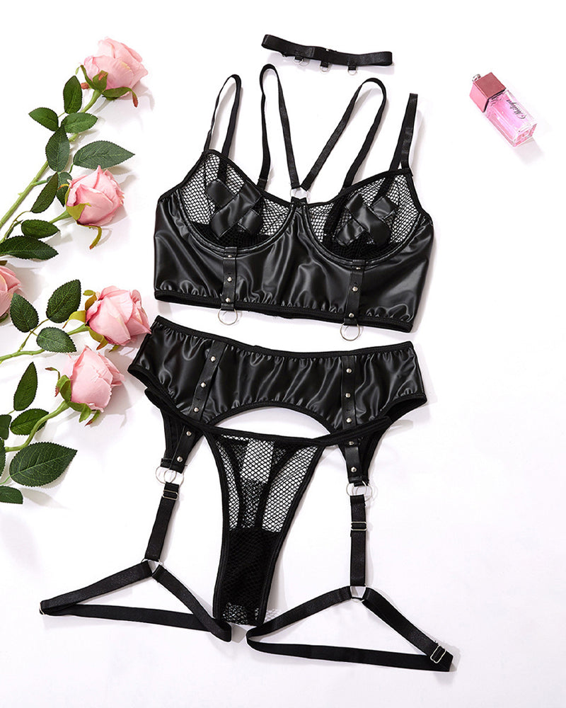 PU Leather Fishnet See-through Pajamas Set