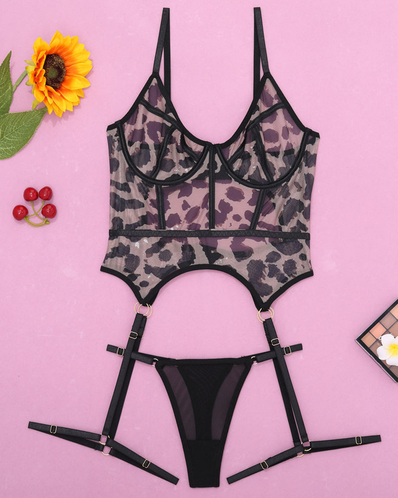 Leopard Print Mesh See-through Body-shaping Pajamas Set