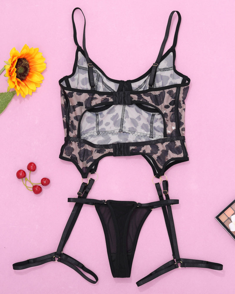 Leopard Print Mesh See-through Body-shaping Pajamas Set