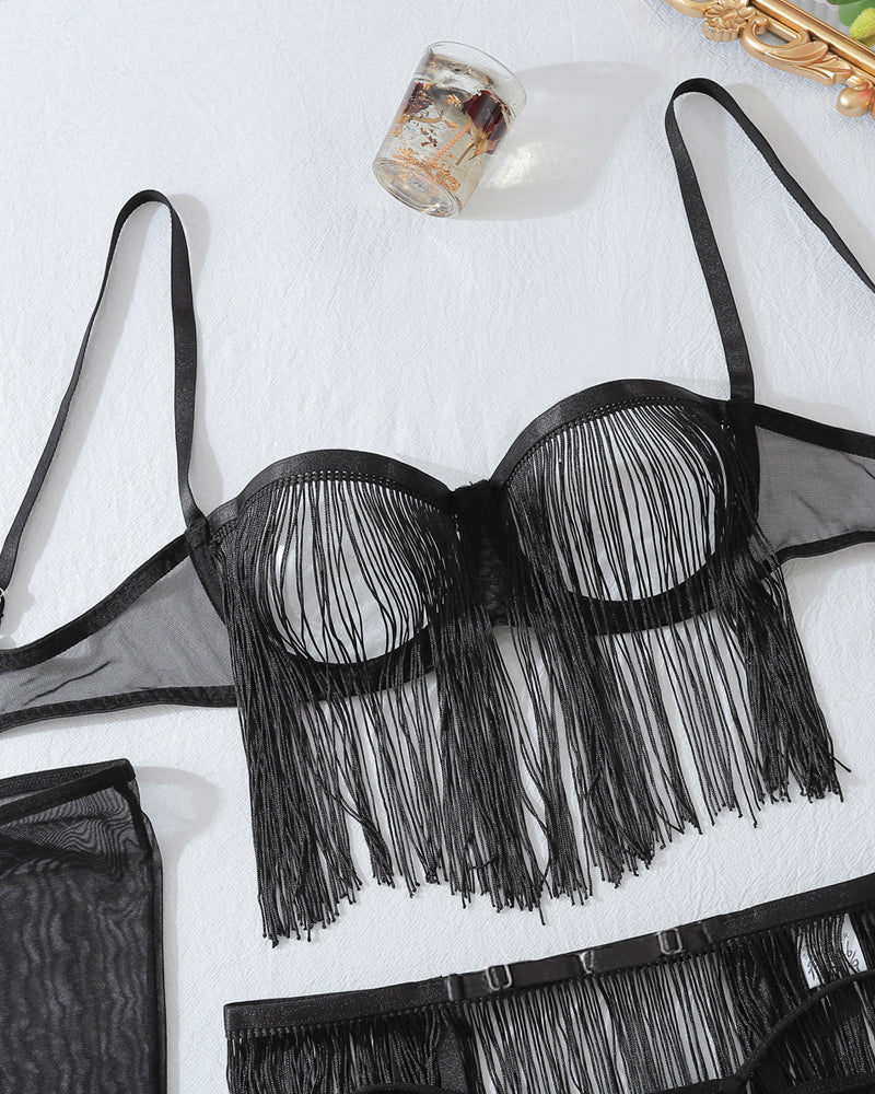 Lace See-through Tassel Hollow Underwear Set