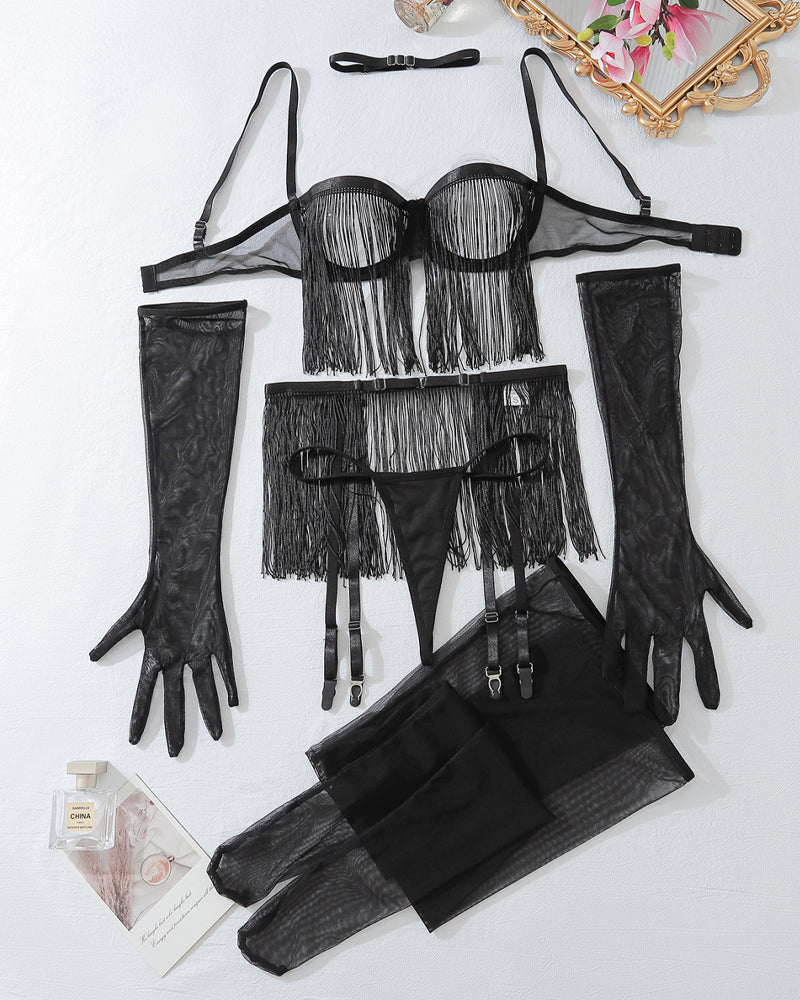 Lace See-through Tassel Hollow Underwear Set