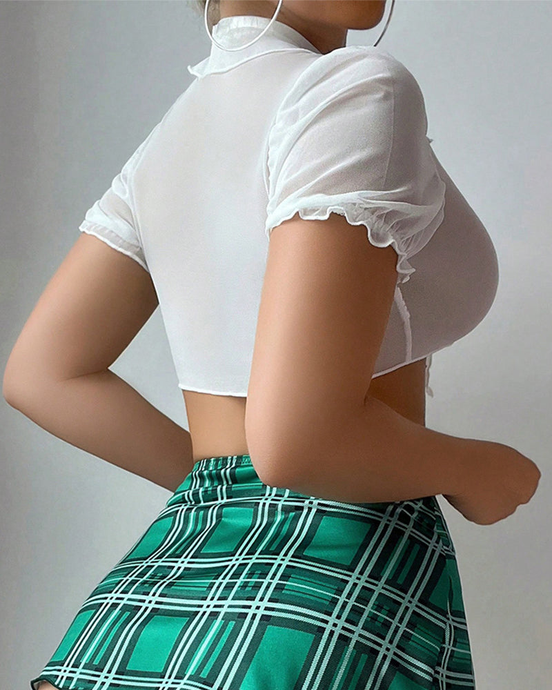 Uniform Top Plaid Slit Skirt Thong Fun Set