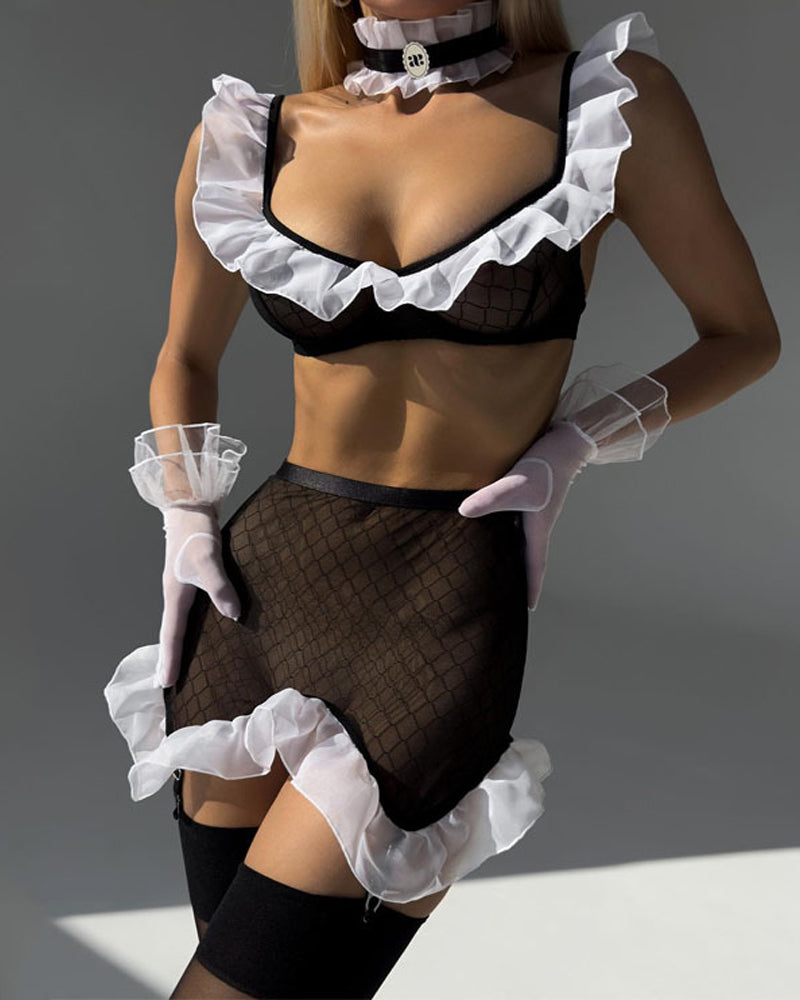 Maid Uniform See-through Mesh Gloves Choker Five-piece Set