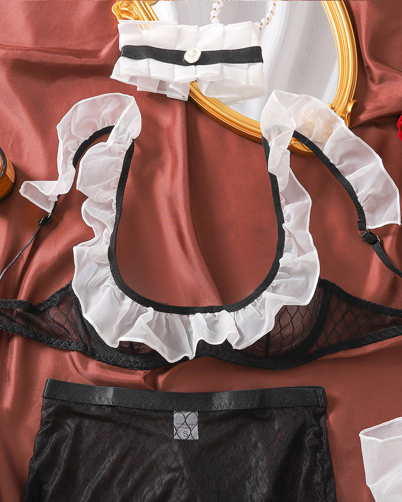 Maid Uniform See-through Mesh Gloves Choker Five-piece Set