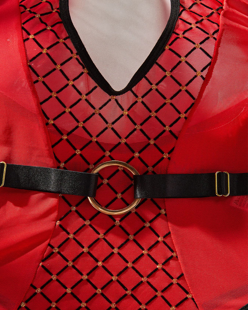 Diamond Print Mesh Splicing Hollow Halter Neck Bodysuit