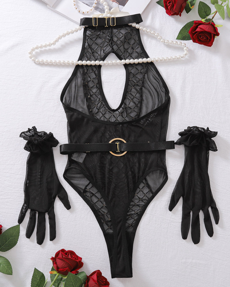 Diamond Print Mesh Splicing Hollow Halter Neck Bodysuit