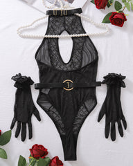 Diamond Print Mesh Splicing Hollow Halter Neck Bodysuit