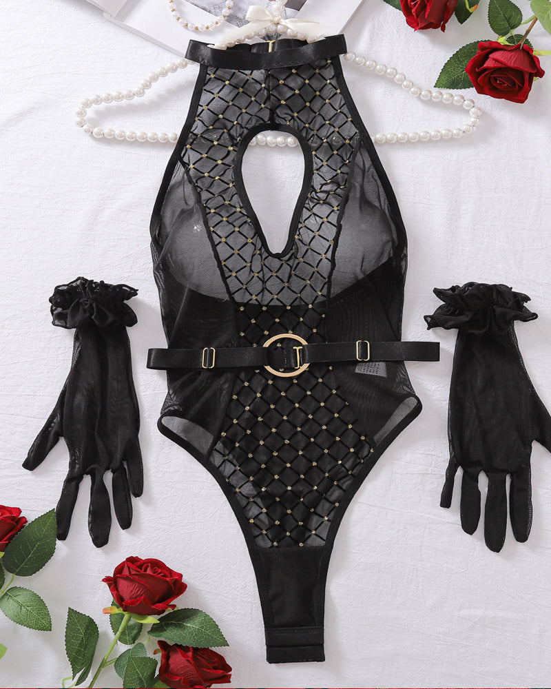 Diamond Print Mesh Splicing Hollow Halter Neck Bodysuit
