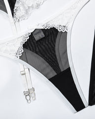 Heart Flower Lace Mesh Splicing Colorblock Fun Lingerie Set