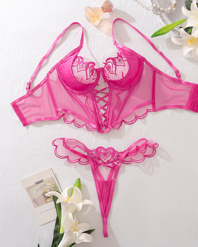 Heart Embroidered See-Through Cross Strap Shaping Underwear Set