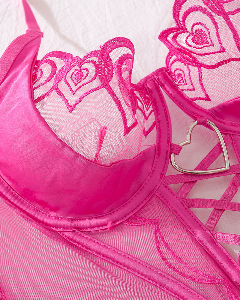 Heart Embroidered See-Through Cross Strap Shaping Underwear Set