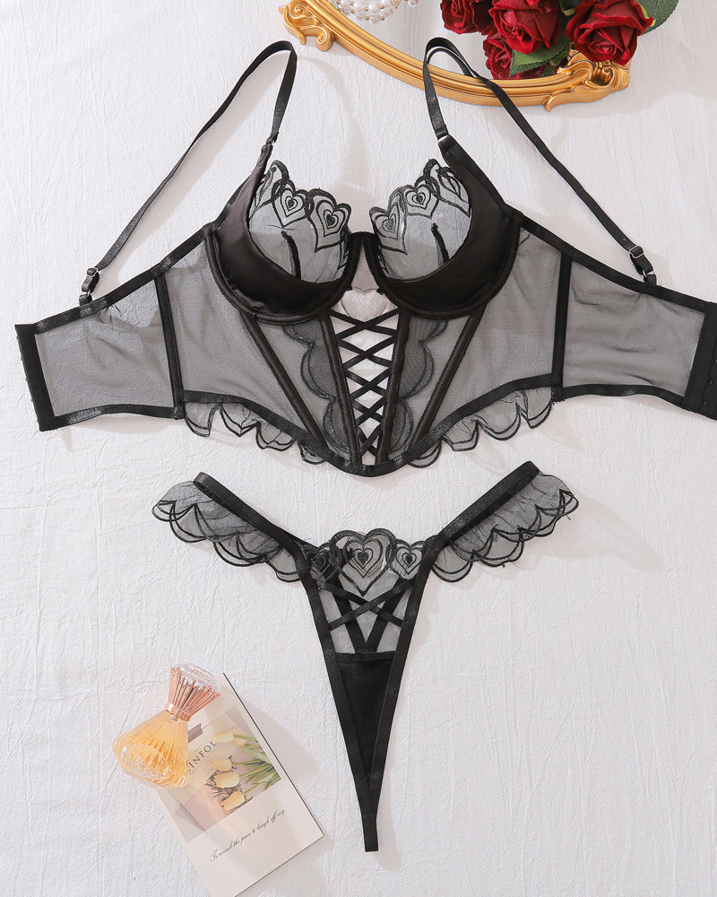 Heart Embroidered See-Through Cross Strap Shaping Underwear Set
