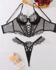 Heart Embroidered See-Through Cross Strap Shaping Underwear Set