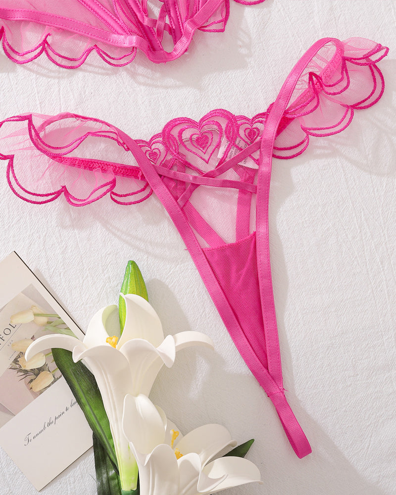 Heart Embroidered See-Through Cross Strap Shaping Underwear Set