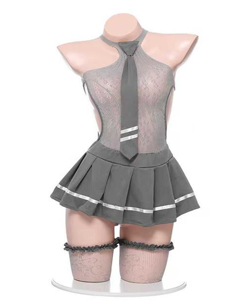 Schoolgirl Uniform Fishnet Pleated Skirt Pajamas with Stockings Set