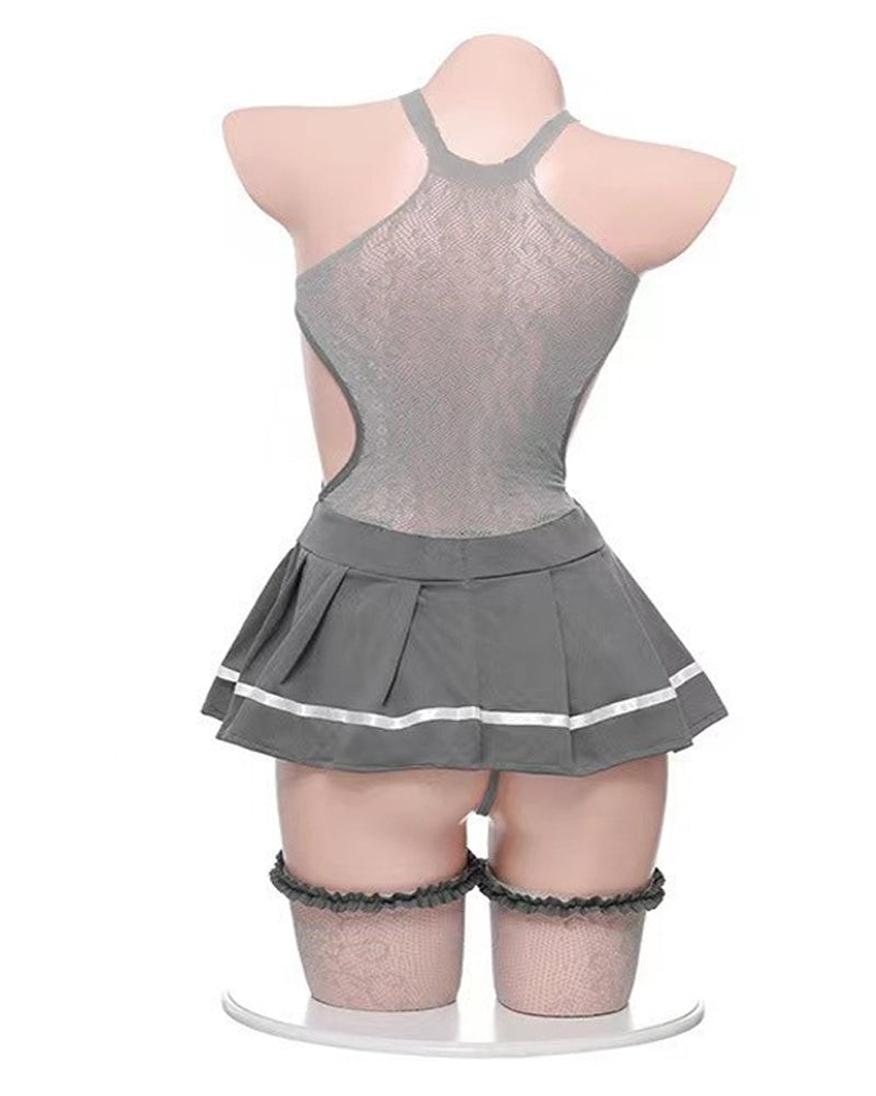 Schoolgirl Uniform Fishnet Pleated Skirt Pajamas with Stockings Set