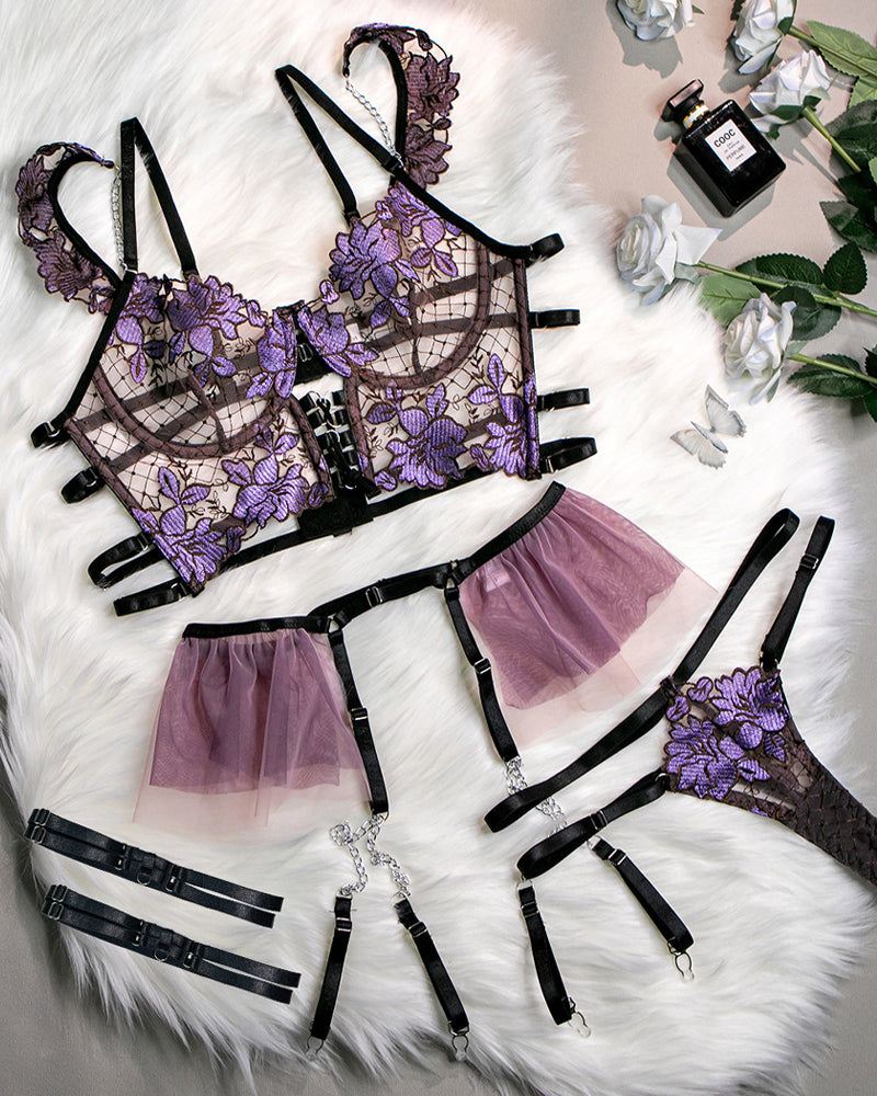 Flower Embroidered Mesh Hollowed-out Suit