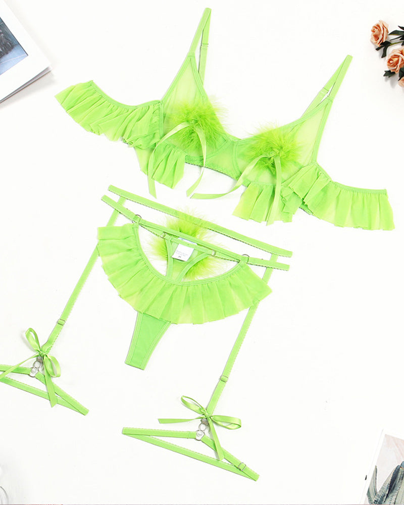 Plush Ball Pleated Skirt See-through Mesh Underwear Set