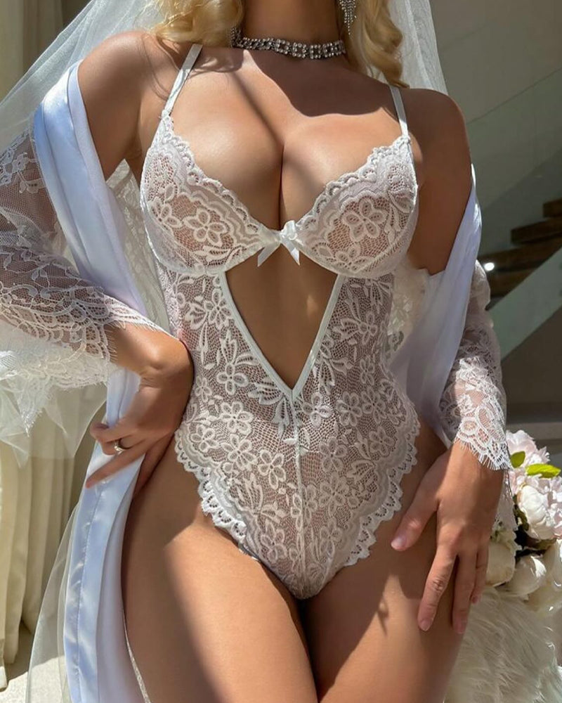 Deep V Lace Suspenders Open Crotch Bodysuit