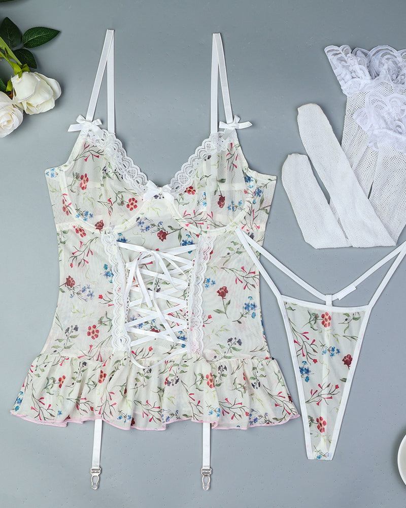 Floral Lace Stitching Stretch Mesh Pajamas and Stockings Set
