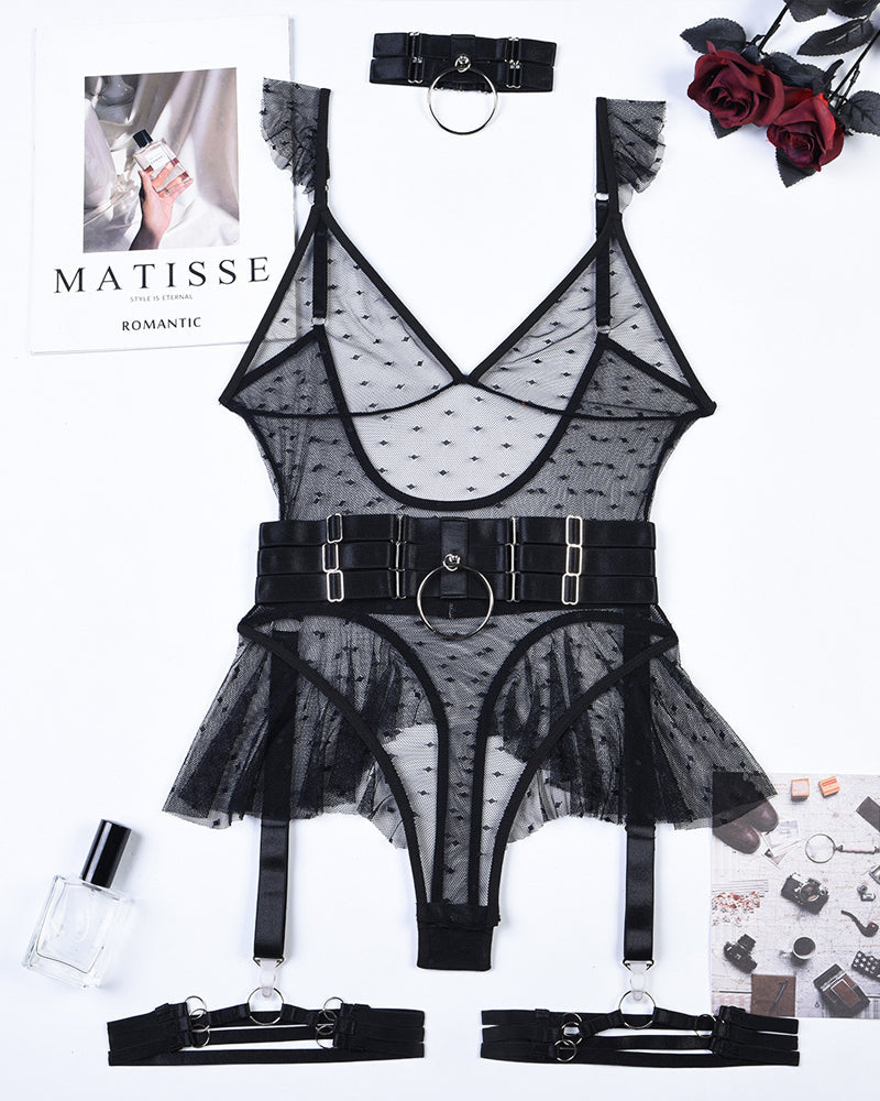 Polka Dot Mesh Bodysuit with Halter Neck Waist and Leg Rings