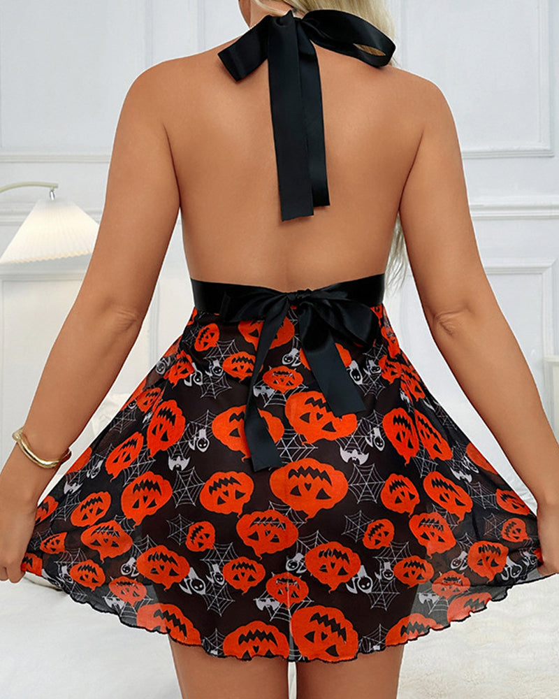 Deep V Halterneck Lace Mesh Halloween Christmas Print Nightdress