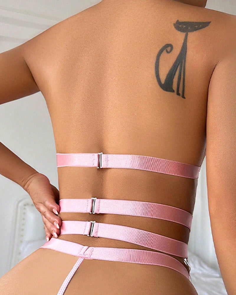 Metal Heart Chain Gathered Lace Lingerie Garter Set