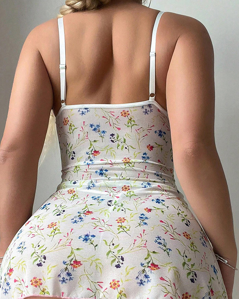 Lace Mesh Flower Print Suspender Nightdress