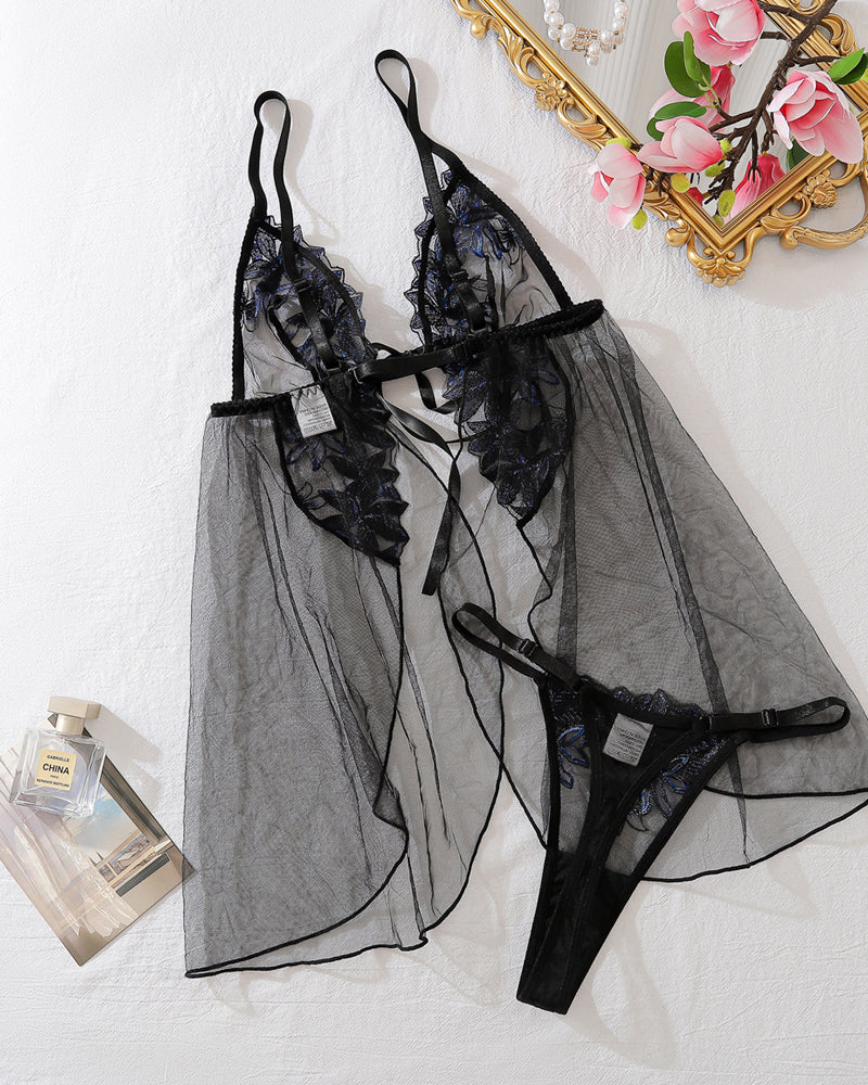 Mesh Flower Embroidery See-Through Suspender Pajamas