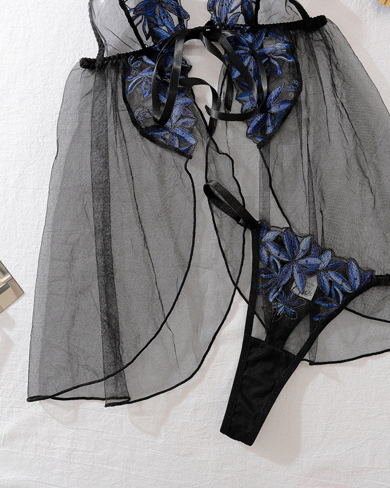 Mesh Flower Embroidery See-Through Suspender Pajamas