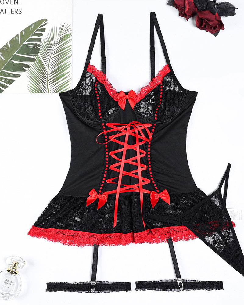 Lace Cross-strap Bowknot Colorblock Lingerie Set