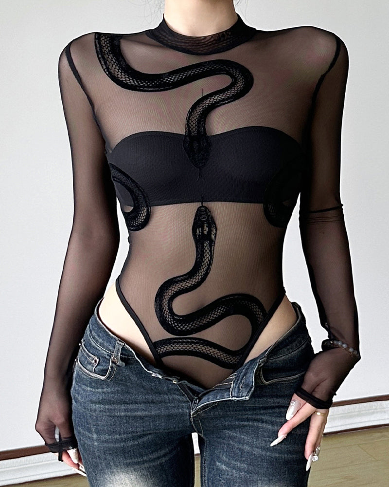 Flocked Snake Print See-through Mesh Stretch Long Sleeve Bodysuits