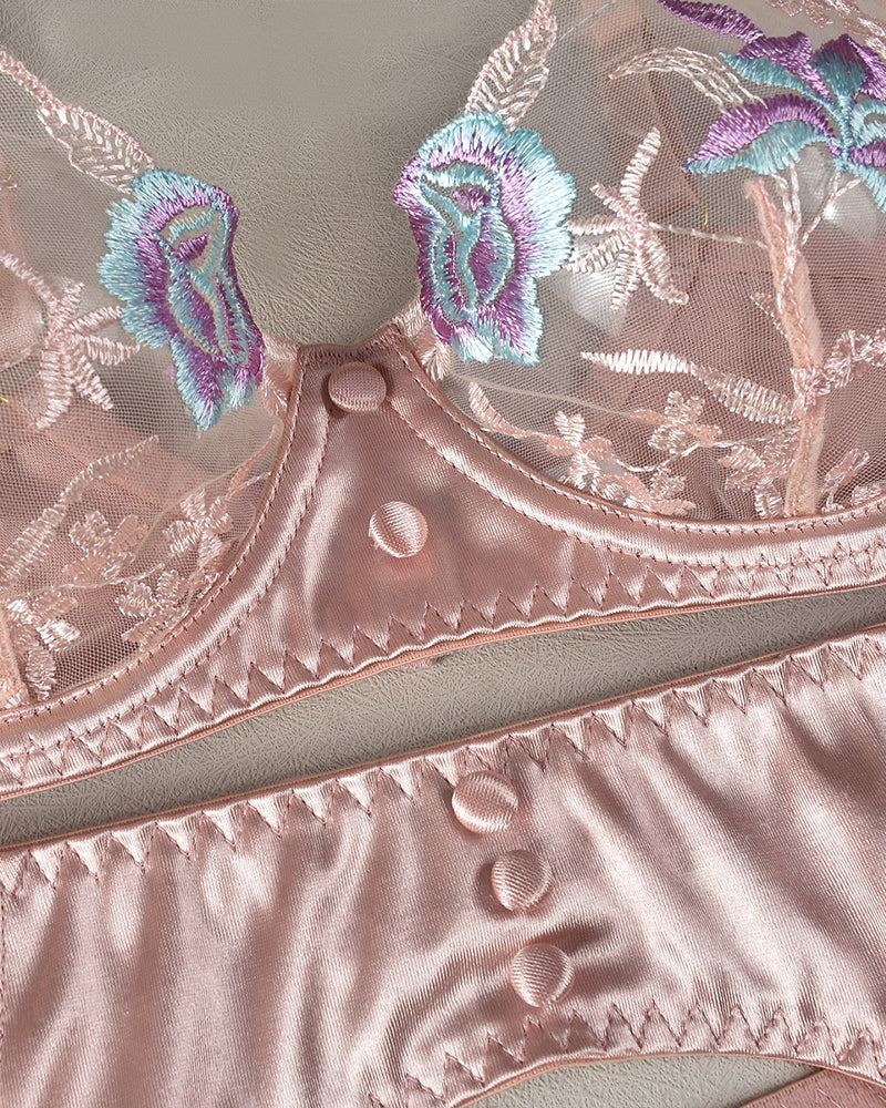 Lace Embroidery Mesh Patchwork Lingerie Set