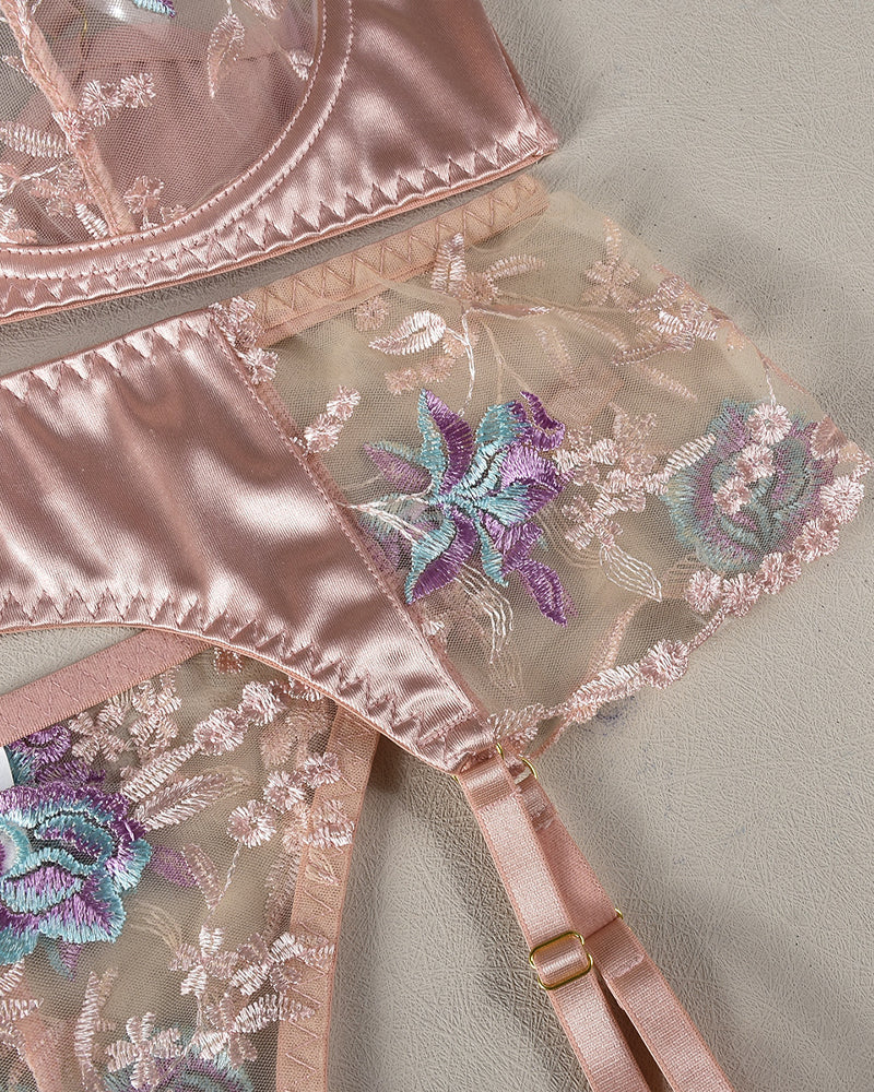Lace Embroidery Mesh Patchwork Lingerie Set