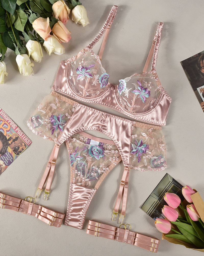 Lace Embroidery Mesh Patchwork Lingerie Set
