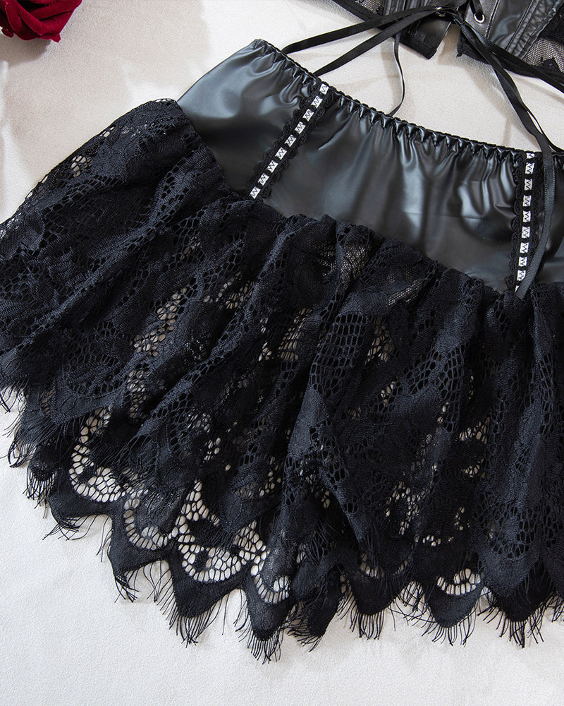 PU Leather Stitching Lace See-through Strappy Lingerie Set