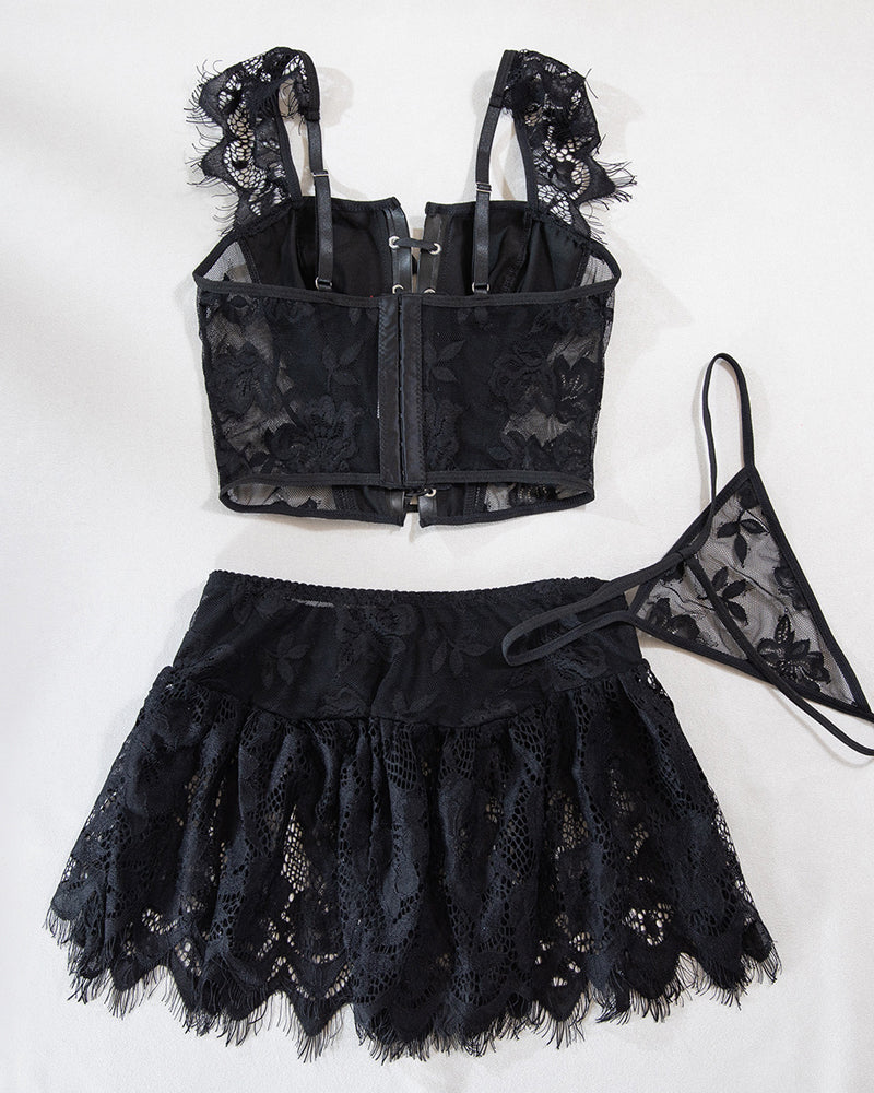 PU Leather Stitching Lace See-through Strappy Lingerie Set