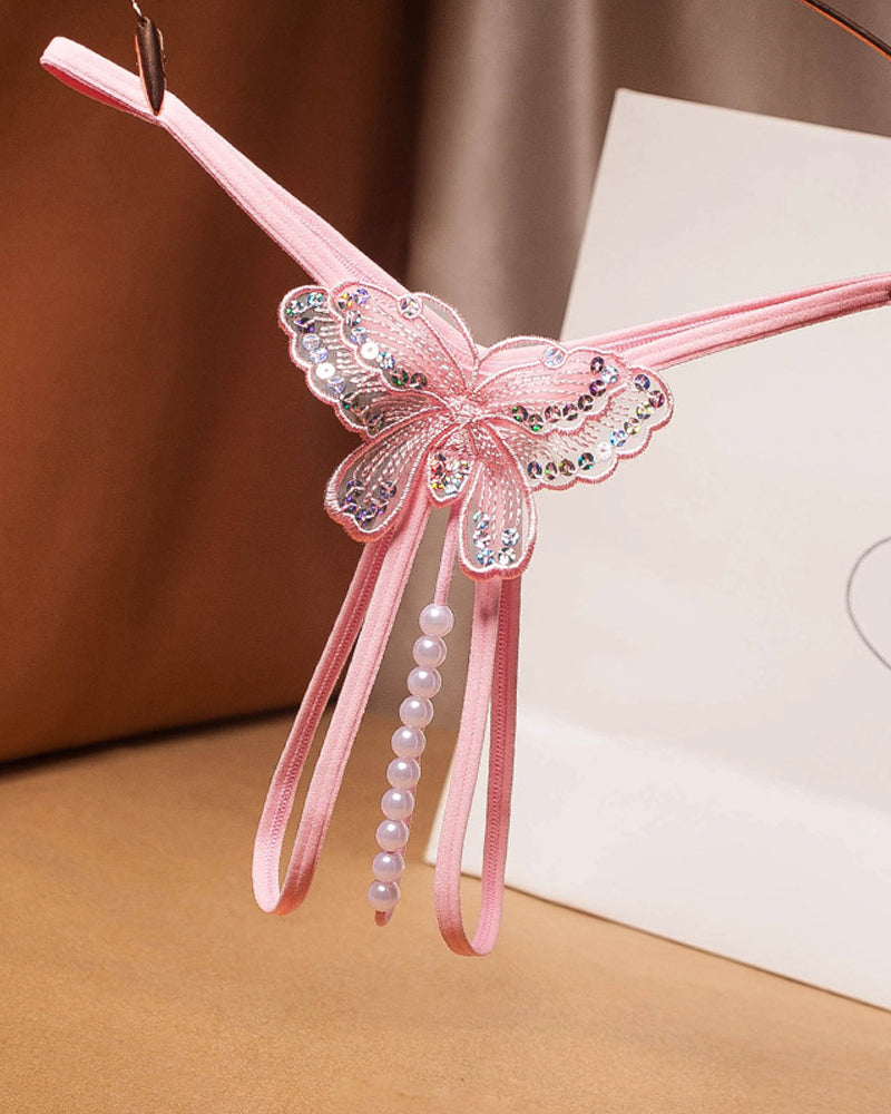 Sequin Butterfly Embroidered Open Crotch Massage Pearl Thong