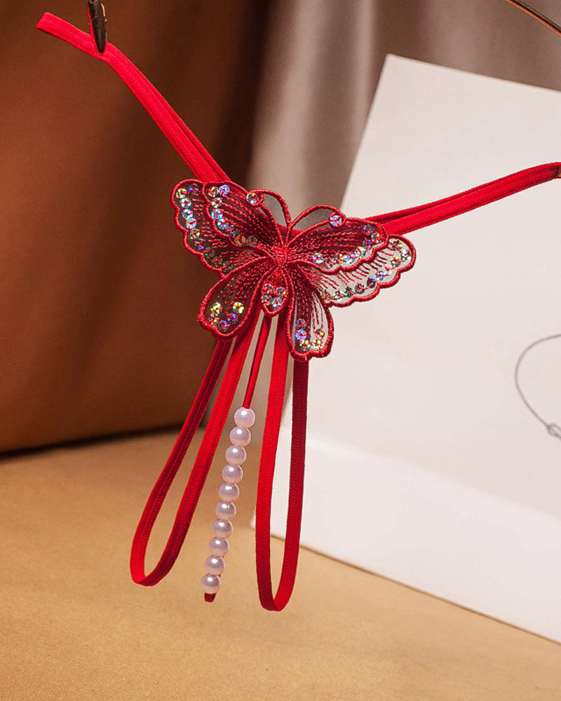 Sequin Butterfly Embroidered Open Crotch Massage Pearl Thong