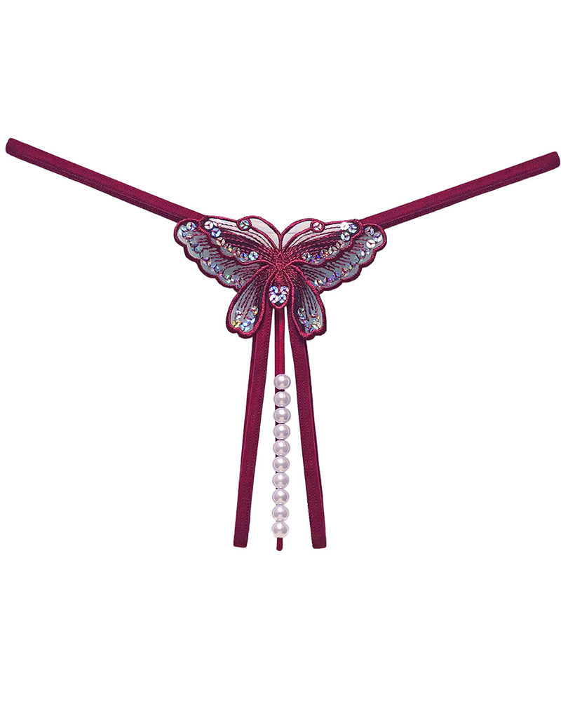 Sequin Butterfly Embroidered Open Crotch Massage Pearl Thong