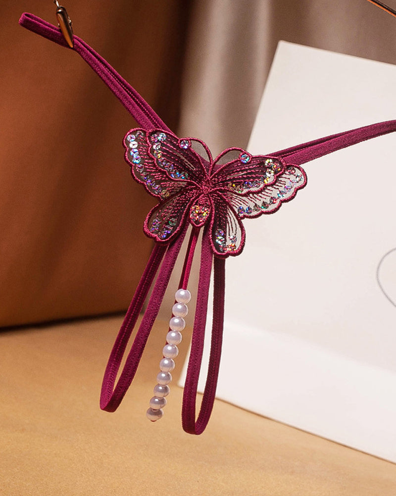 Sequin Butterfly Embroidered Open Crotch Massage Pearl Thong