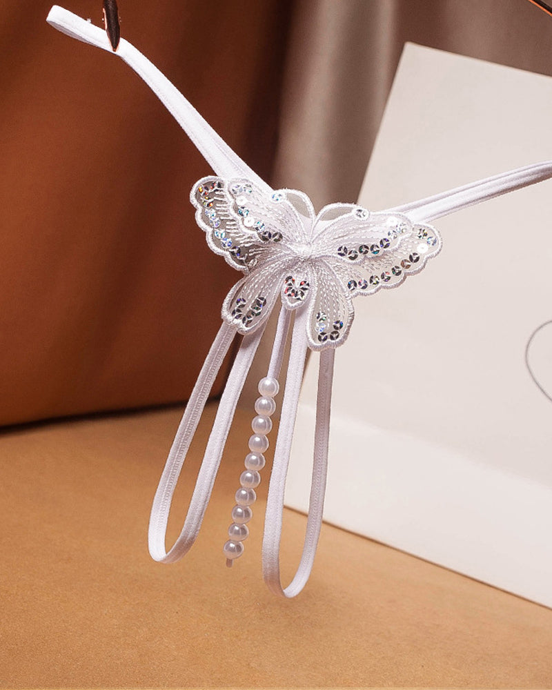 Sequin Butterfly Embroidered Open Crotch Massage Pearl Thong