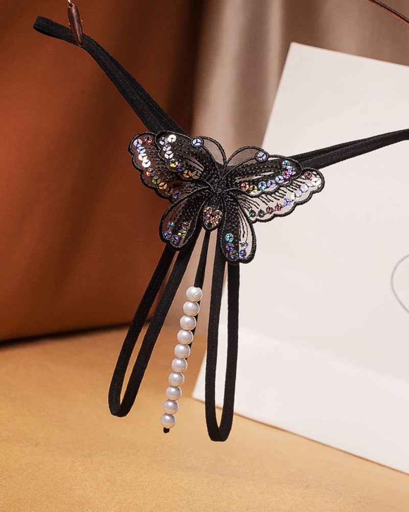 Sequin Butterfly Embroidered Open Crotch Massage Pearl Thong