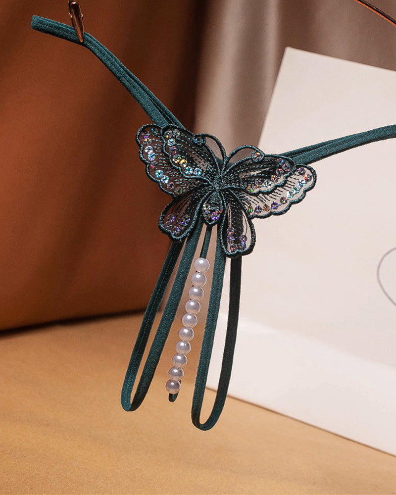 Sequin Butterfly Embroidered Open Crotch Massage Pearl Thong