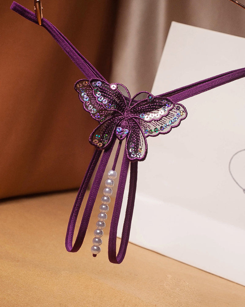 Sequin Butterfly Embroidered Open Crotch Massage Pearl Thong