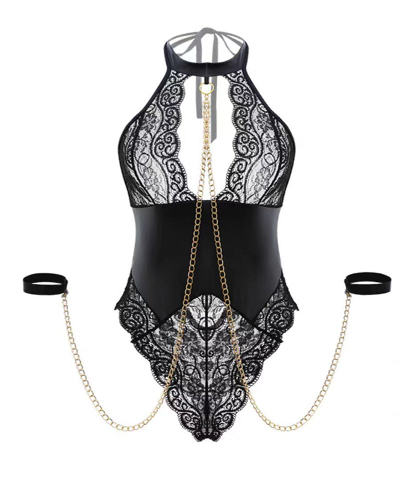 Deep V Halterneck Patent Leather Lace Splicing Bondage Metal Chain Lingerie
