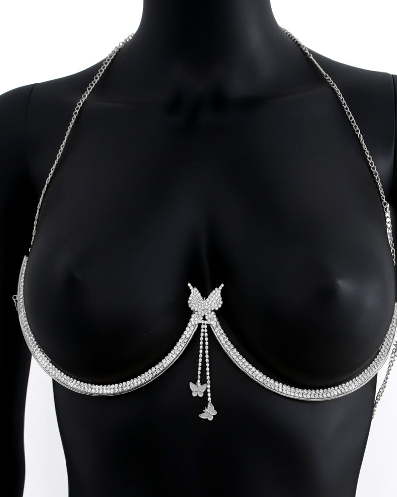 Fashion Diamond Studded Tassel Bra Necklace