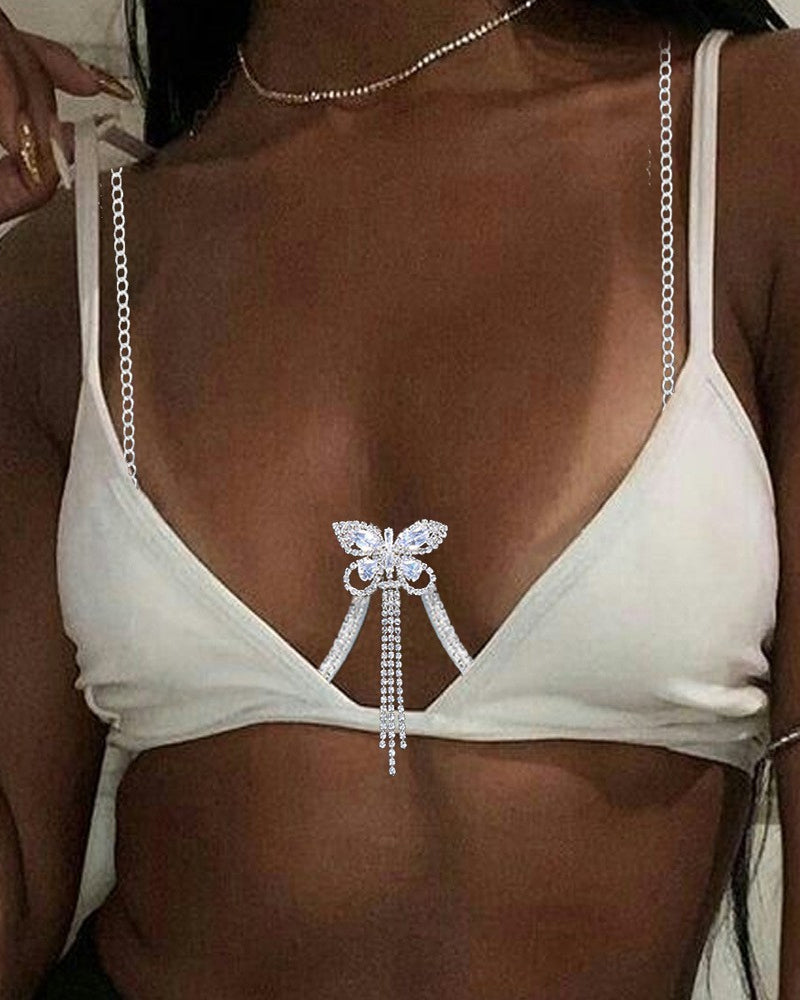 Fashion Diamond Studded Tassel Bra Necklace